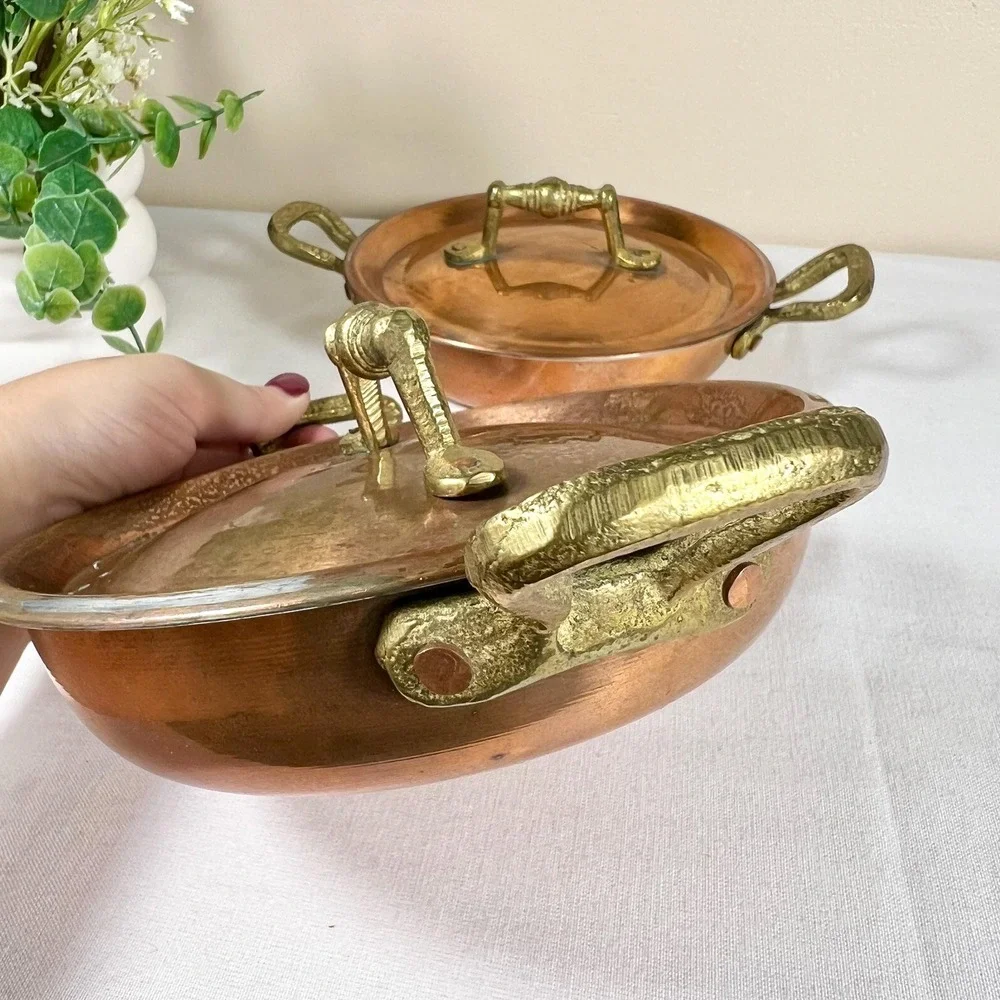 Old Vintage Copper Pans Skillets with Brass Handles
